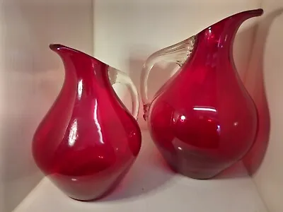Buy A Fine Pair Of Whitefriars , Bulbous , Ruby  Beaked Jugs With Celery Handles . • 29.95£