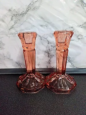 Buy Set Of 2 Vintage Peachy Pink Glass Candlestick Holders  15.5cm Tall • 14£