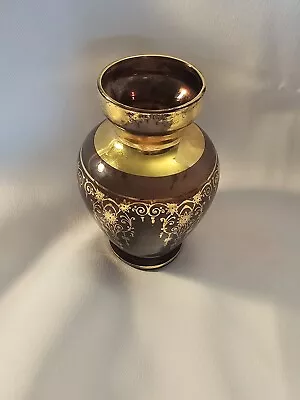 Buy Vintage Small Amethyst Purple Glass Vase With Gold Decoration • 12.46£