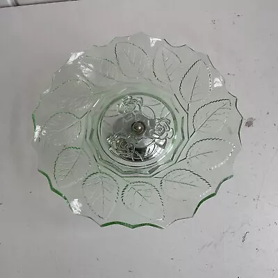 Buy Art Deco Green Glass Etched Fluted Fruit Bowl On Chrome Stand BR • 10£