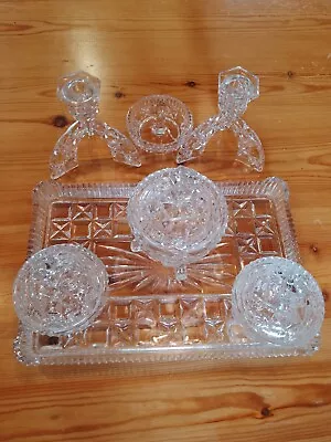 Buy Vintage 1930s Clear Cut Glass 7 Piece Vanity / Dressing Table Set Candlesticks • 4.99£