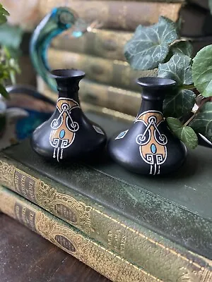 Buy SHELLEY Art Nouveau Small Bud Vases X 2 Orange Lustre Turquoise Enamel On Black • 29.99£