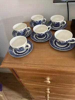 Buy Churchill England Vintage Blue Willow China X6 Stackable Tea Cups & Saucers • 25£