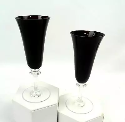 Buy Elegant Glass Black Amethyst Clear Wafer Stem 2 Pc 5 7/8  Fluted Wine Glasses • 31.19£