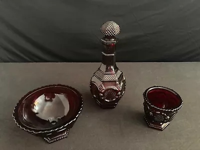 Buy Vintage Avon 1876 Cape Cod Collection Ruby Red Glassware 3 Pcs Decanter Bowl Cup • 17.08£