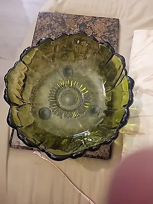 Buy Vintage Avocado Green Indiana Glass Scalloped Sunflower Footed Serving Bowl 11   • 15.87£