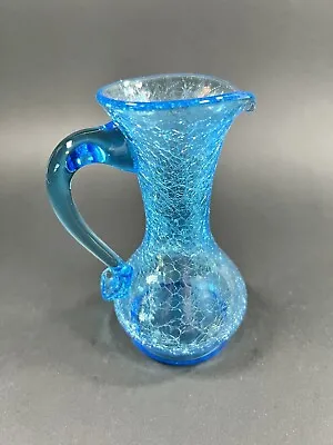 Buy Peacock Blue Crackle Glass Pitcher Flower Bud Vase Vintage Hand Blown (UV Glows) • 16.78£
