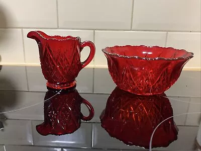 Buy VINTAGE Cranberry GLASS DIAMOND PATTERN RUBY RED MILK JUG CREAMER & Sugar Bowl • 9£