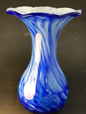 Buy Vintage Alum Bay Glass Vase Cobalt Blue & White Swirl Fluted Top 17cm High • 21£