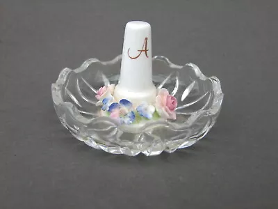 Buy Glass Dish And China Ring Holder Decorated With Flowers. Initialled A On Stem • 2.95£