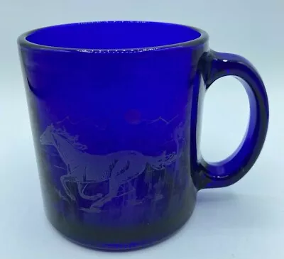 Buy Vintage Cobalt Blue Glass 12oz Coffee Tea Mug Galloping Horse Mountain Sun USA • 23.58£