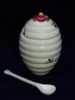 Buy Honey Pot With Spoon Decorated With Bees And Flower Ceramic VGC • 14.99£