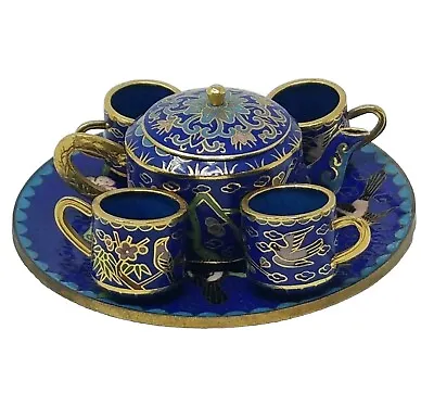 Buy Cloisonne Miniature Tea Set Blue Flowers 7 Pieces Tea Pot Cups Tray Enameled EUC • 33.24£