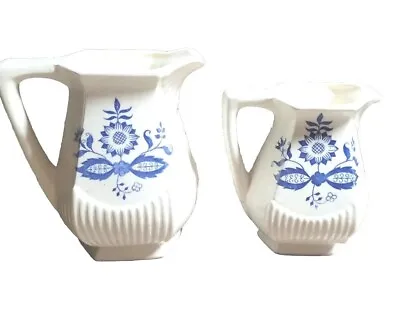 Buy Delft Style Blue White Pottery Vase Pitcher Set Of Two Pieces Floral Design • 8.66£