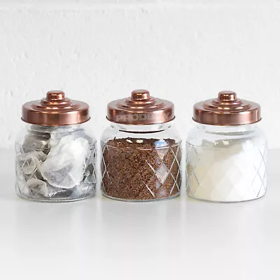 Buy Set Of 3 Glass Storage Jars Copper Lids Tea Coffee Sugar Kitchen Canisters Pots • 18£