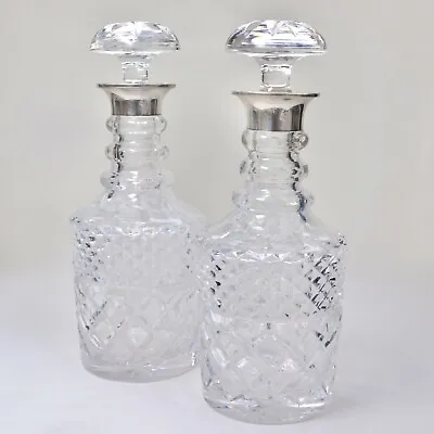 Buy Pair Antique Style Hallmarked Silver Mounted Cut Glass Decanters. London, 1966. • 195£