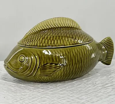 Buy Vintage Lidded Fish Tureen/Sarreguemines France/Green Majolica/13”L X 6 1/2”T • 77.97£