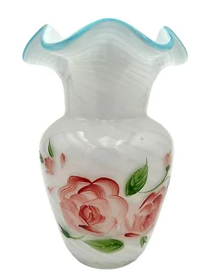 Buy Fenton Designed Teleflora White Opalescent Vase Blue Crest Ruffled Hand Painted • 25.04£