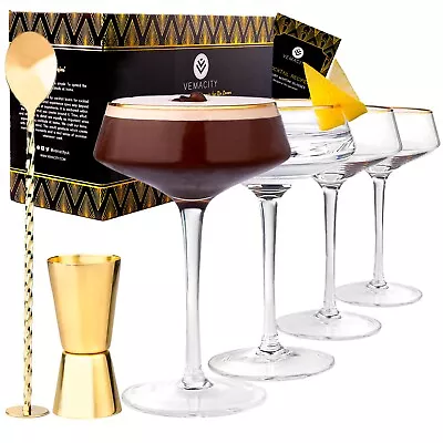Buy Martini Glasses Set Of 4 With Gold Rims, Gold Bar Spoon & Double-sided Jigger • 36.99£