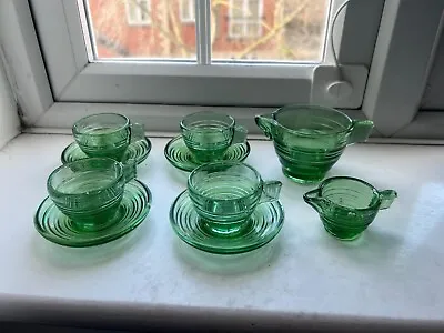 Buy Art Deco Small Green Depression Glass Espresso Set 4 Cups & Saucers Two Jugs • 75£
