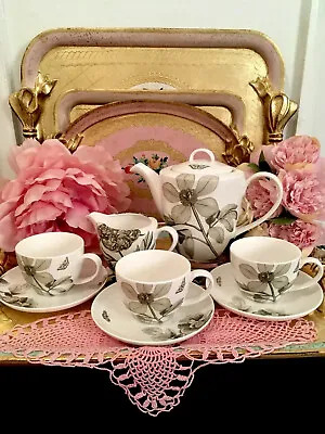 Buy Queens Sanderson Dining Etchings Roses Fine China Tea Pot Tea Cups Jug Set X8 • 175£