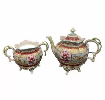 Buy Porcelain Teapot And Sugar Bowl  Set Handpainted Flowers Blue Pink Asian • 14.40£