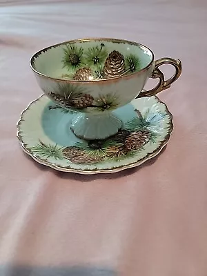 Buy Princess Teacup And Saucer Japan Fine Bone China Green With Pinecones • 72.29£