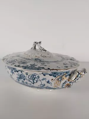 Buy Antique Leighton Pottery White & Blue Gilded Vegetable Lidded Tureen, Dated 1897 • 34£