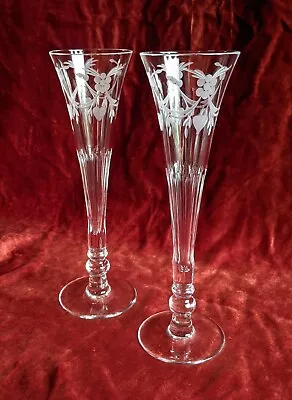 Buy Pair Crystal Champagne Trumpet Toasting Flutes Glasses Etched W/Hearts Flowers • 24.99£