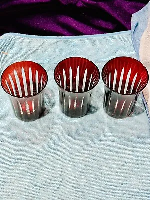 Buy 3 Bohemian Antique Cranberry Ruby Red Punch Glasses Cut To Clear Glass Crystal • 39£