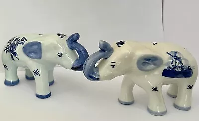 Buy Vintage Pair Of Hand Painted Delft Ceramic Pottery Elephants Blue & White Cream • 5£