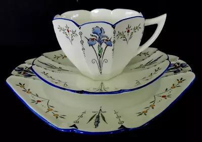 Buy Art Deco Vintage China Tea Set Trio.Shelley Queen Anne  Blue Iris.11561. VGC. • 79.95£