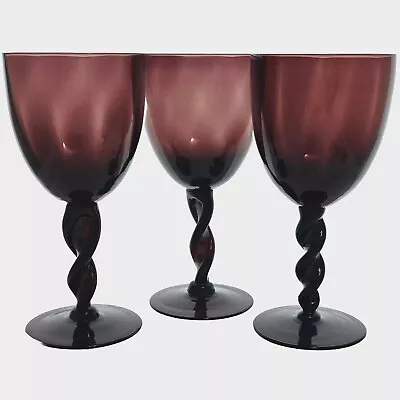 Buy 3 Vintage Blown Glass Plum Amethyst Optic Swirl Wine Goblets 7.5  Twist Stems • 66.36£