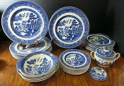 Buy Vintage 32 Pieces Of Johnson Bros. Willow Pattern China Dinner Bread Salad Plate • 255.46£