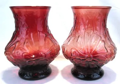 Buy Pair 2 Vintage Anchor Hocking Embossed Rainflower Royal Ruby Red 5.5  Glass Vase • 20.19£