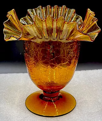 Buy Vintage Blenko 7 3/4 MCM Amber Crackle Glass Vase Crimped Ruffled Footed Compote • 38.07£