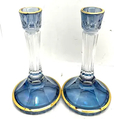 Buy Lot Of 2 Italian Crystal Pair Of Candlesticks SC Line Blu Flashed Gold Trim • 30.64£