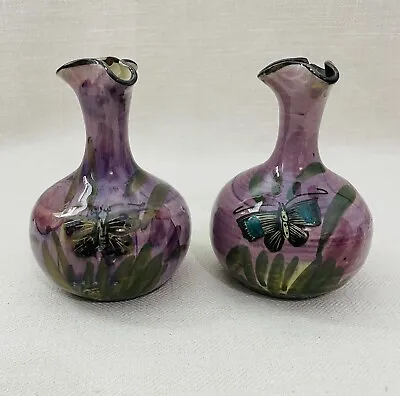 Buy Antique Lemon & Crute Bud Vases Torquay Purple Butterflies 4in Tall X 2 • 26.60£