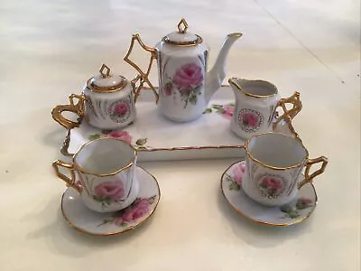 Buy Vtg Childrens Tea Set Pot Cups Pink Rose Signed Emilie Gold Gilt Paint Porcelain • 57.85£