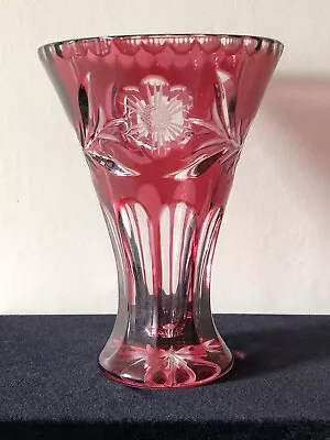 Buy Cranberry Coloured Glass Vase-Cut To Clear Flower Design- Heavy Weight  • 24£