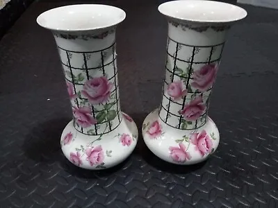 Buy Crown Ducal Trellis Pink Rose Pattern Pair Of Vases Rare C1920  12.75  Tall • 17.99£