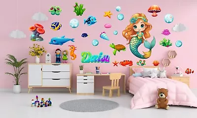 Buy 3D Mermaid Personalised Wall Stickers Set Nursery Kids Girl Room Wall Decals MS1 • 17.50£