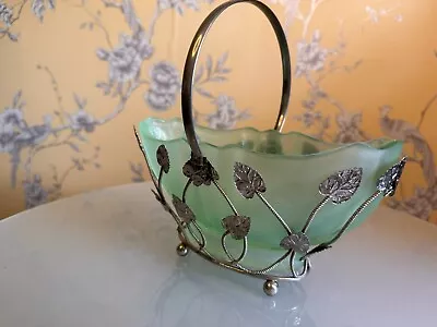 Buy Art Deco English Satin Green Glass Basket Bagley Evesham Posy Silver Metal Leaf • 50£