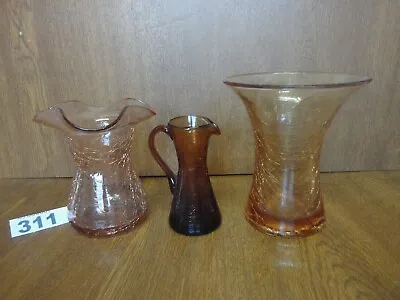 Buy Vintage American Pink & Amber Crackle Glass Vases & Topaz Miniature Pitcher • 5.95£