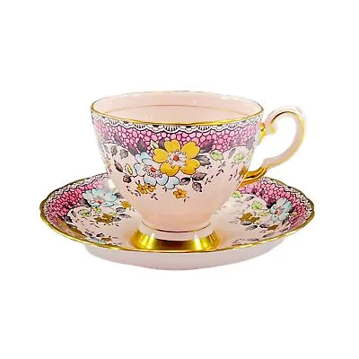 Buy Tuscan Fine English Pink Bone China Multi-Color Floral Cup And Saucer Gold Trim • 34.13£