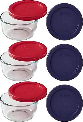 Buy Pyrex (3) 7202 1 Cup Clear Glass Storage Bowls With 7202-PC Red And Blue Plastic • 41.15£