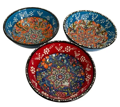 Buy Turkish Hand Made Mini Bowls Hand Painted Colourful Ceramic Blue Red Set Of 3 • 21.99£