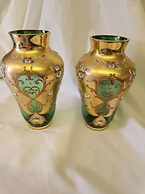 Buy Matching Pair Of Czech Bohemian Gold Encrusted & Enamel Green Art Glass Vases • 60£