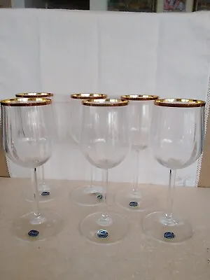 Buy Bohemia Crystal Wine Goblets Set Of 6 Czech Republic Romy Gold Rim Label On VTG • 48.18£