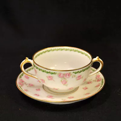 Buy GDA Ch Field Haviland Limoges Cream Soup Bouillon Pink Roses Leaves 1937-41 Gold • 48.98£